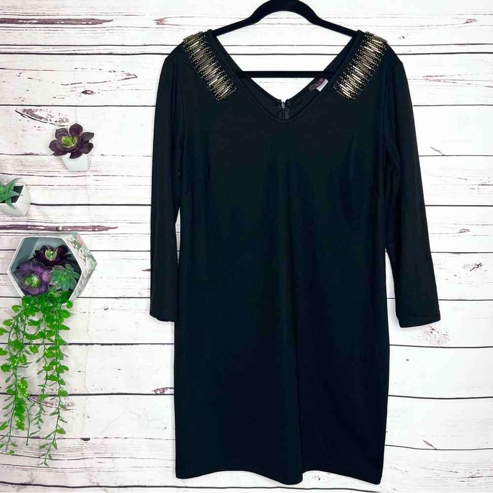 Mark. Black V- Neck Long Sleeve Dress Bronze Shoulder Embellishments Size 18 XXL